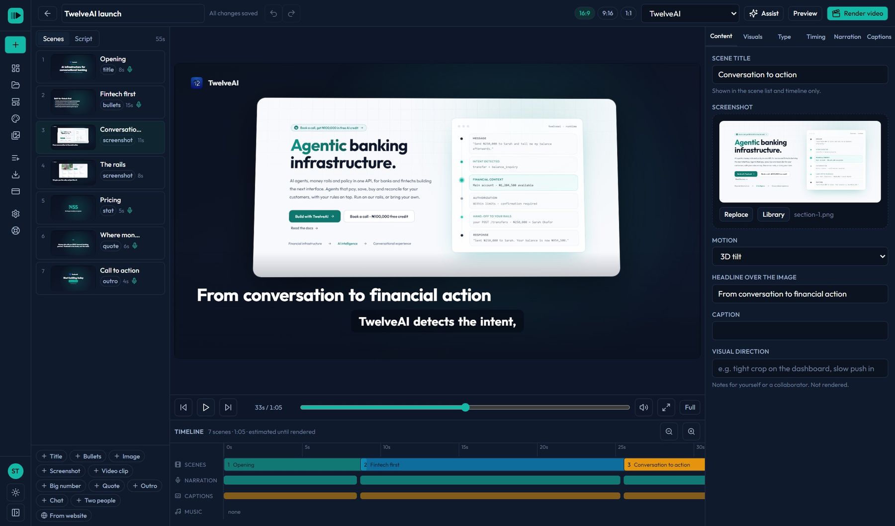 The Twelve Studio editor with a project open: scene list, preview, timeline and inspector